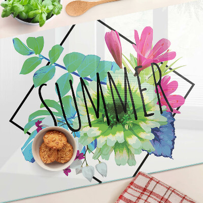 Deska kuchenna szklana z motywem letnich kwiatów i napisem „SUMMER”