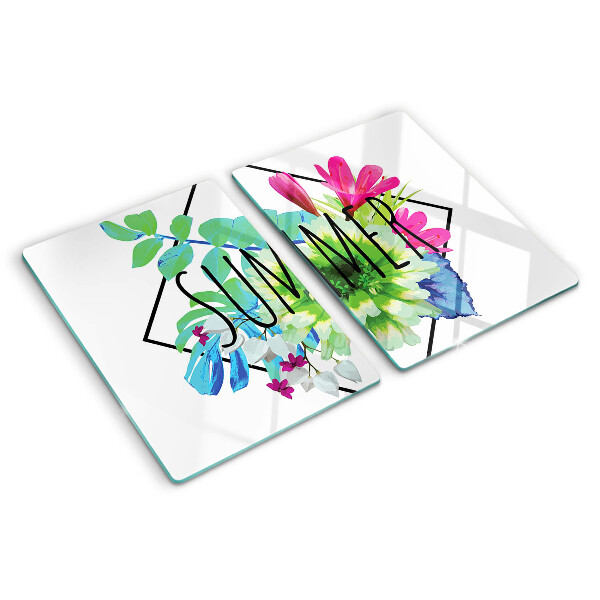 Deska kuchenna szklana z motywem letnich kwiatów i napisem „SUMMER”
