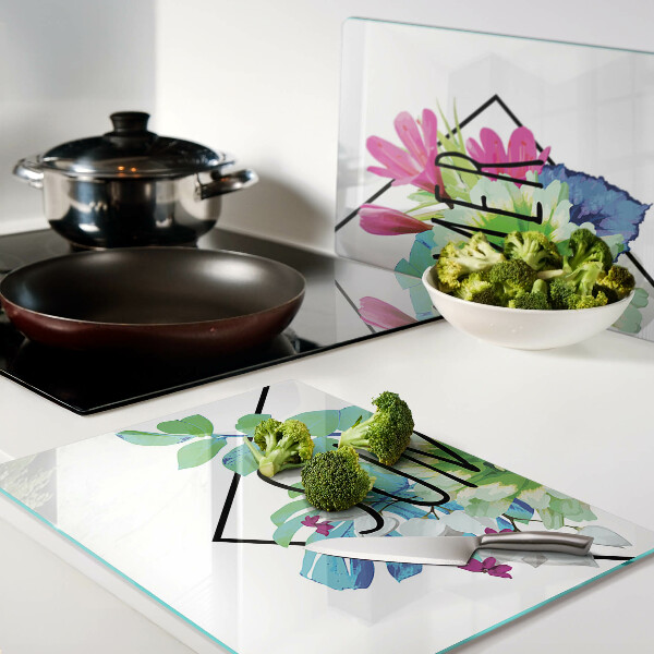 Deska kuchenna szklana z motywem letnich kwiatów i napisem „SUMMER”