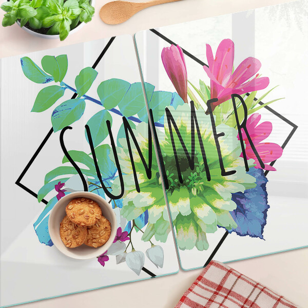 Deska kuchenna szklana z motywem letnich kwiatów i napisem „SUMMER”