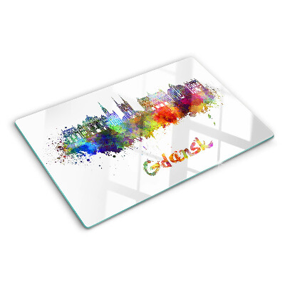 Deska kuchenna szklana z motywem Gdańska w kolorach akwareli