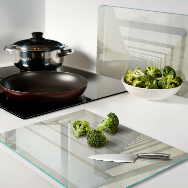 Szklana deska kuchenna z nadrukiem przedstawiającym perspektywę architektoniczną z lustrzanym efektem