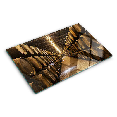 Deska kuchenna szklana z motywem wnętrza winiarni z beczkami