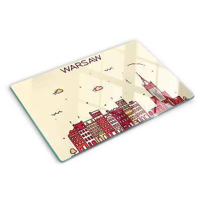 Deska kuchenna szklana z nadrukiem przedstawiającym warszawskie kamienice i Pałac Kultury