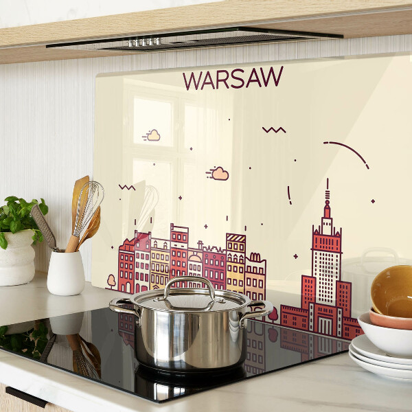 Deska kuchenna szklana z nadrukiem przedstawiającym warszawskie kamienice i Pałac Kultury