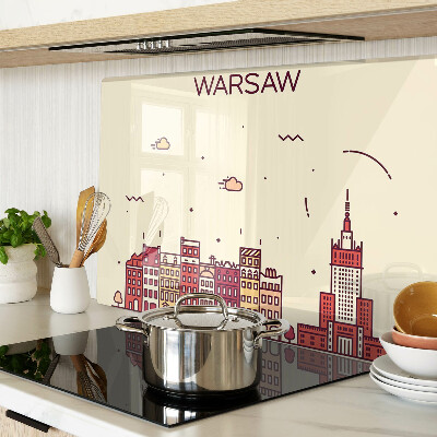 Deska kuchenna szklana z nadrukiem przedstawiającym warszawskie kamienice i Pałac Kultury