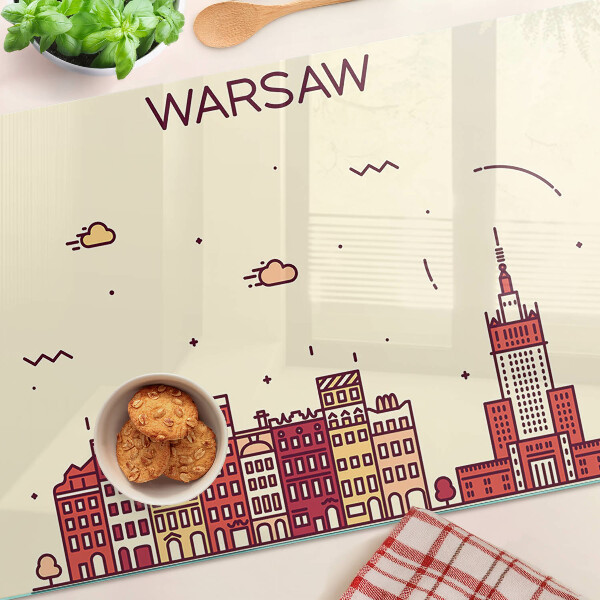 Deska kuchenna szklana z nadrukiem przedstawiającym warszawskie kamienice i Pałac Kultury
