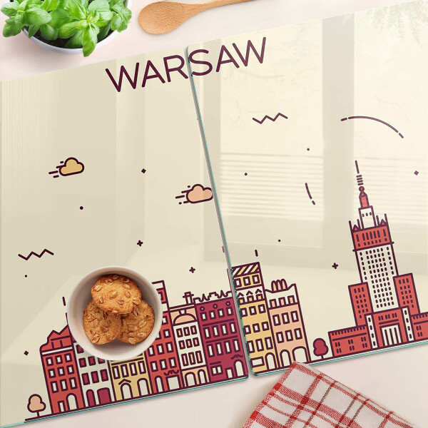 Deska kuchenna szklana z nadrukiem przedstawiającym warszawskie kamienice i Pałac Kultury