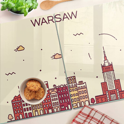 Deska kuchenna szklana z nadrukiem przedstawiającym warszawskie kamienice i Pałac Kultury
