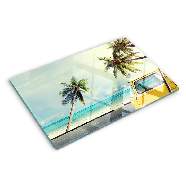 Szklana deska kuchenna z motywem plaży z palmami i samochodem