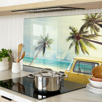 Szklana deska kuchenna z motywem plaży z palmami i samochodem