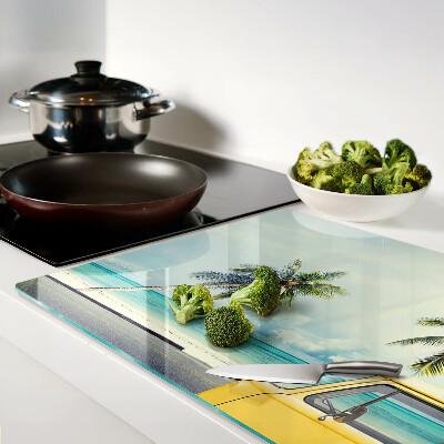 Szklana deska kuchenna z motywem plaży z palmami i samochodem