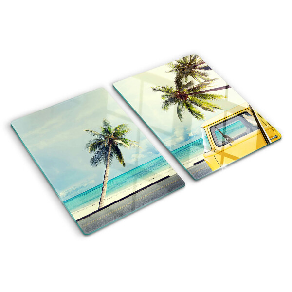 Szklana deska kuchenna z motywem plaży z palmami i samochodem