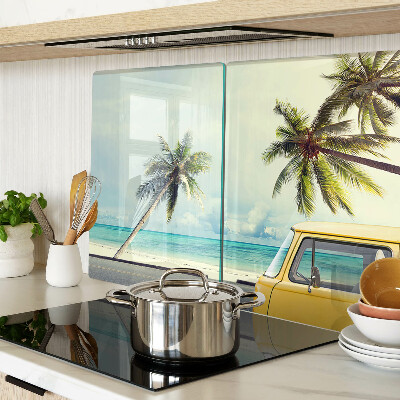 Szklana deska kuchenna z motywem plaży z palmami i samochodem