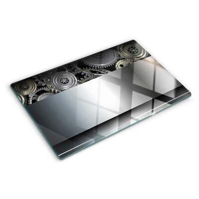 Deska kuchenna szklana z motywem mechanicznym i metalicznym wykończeniem