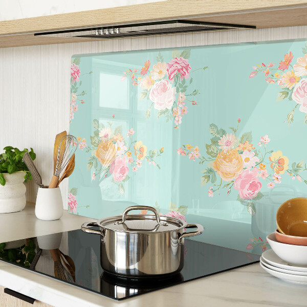 Szklana deska kuchenna z kwiatowym wzorem w pastelowych kolorach