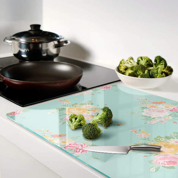 Szklana deska kuchenna z kwiatowym wzorem w pastelowych kolorach