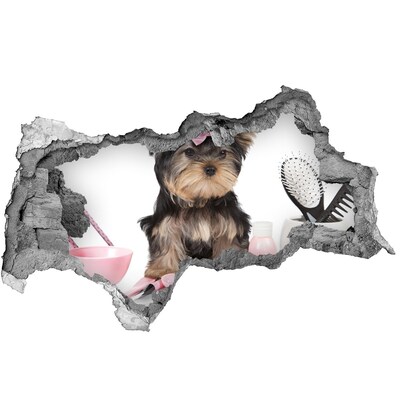 Dziura 3d fototapeta Słodki yorkshire terrier w różowej kokardce