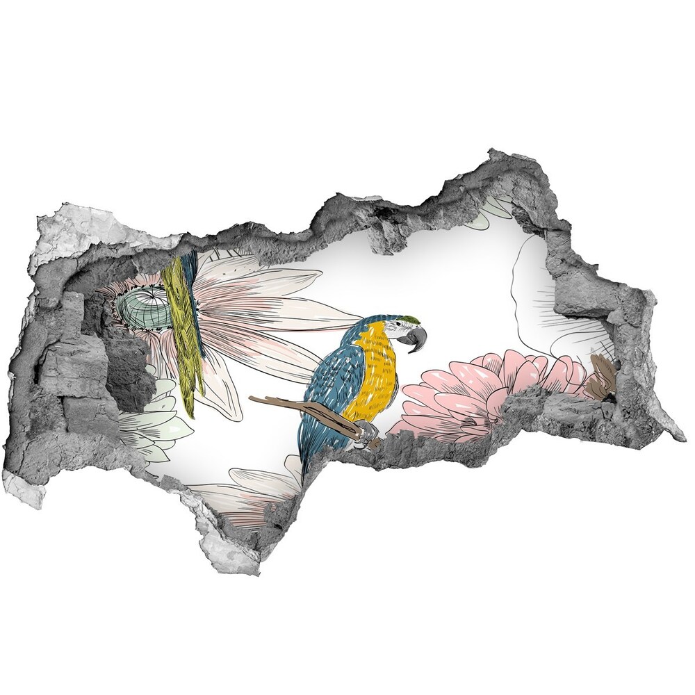 Dziura 3d fototapeta naklejka Papugi i kwiaty