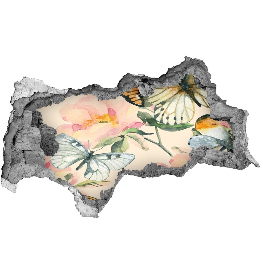 Dziura 3d fototapeta naklejka Motyle i kwiaty
