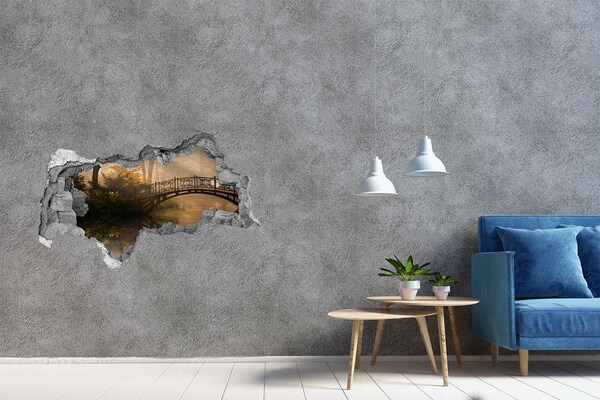 Dziura 3d w ścianie naklejka Mostek w mglistym parku