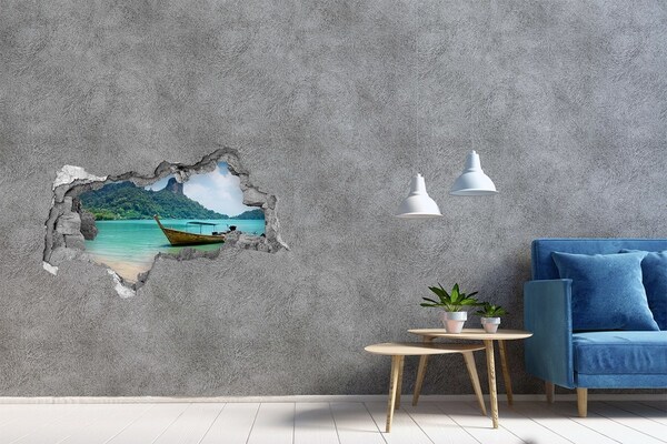 Foto zdjęcie dziura na ścianę Rajska plaża z łodzią