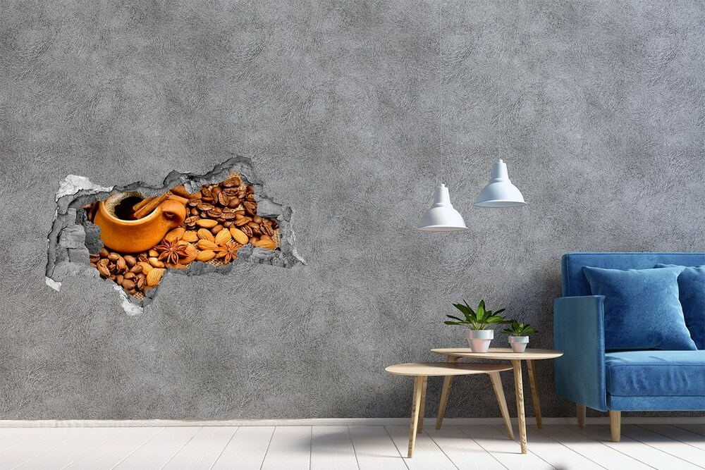 Naklejka 3D dziura na ścianę Ziarna kawy i kubek