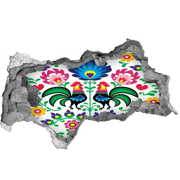 Naklejka 3D dziura na ścianę Kwiecisty folklor z kurkami