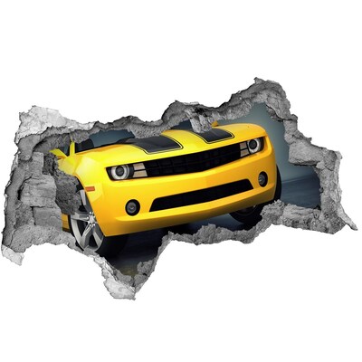Dziura 3d fototapeta naklejka Zniszczony mur z żółtym samochodem