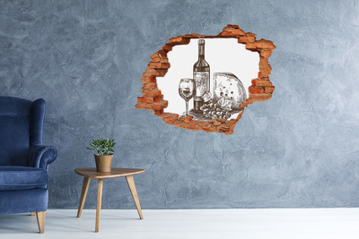 Naklejka 3D dziura samoprzylepna Wino i ser na tle zniszczonej ściany