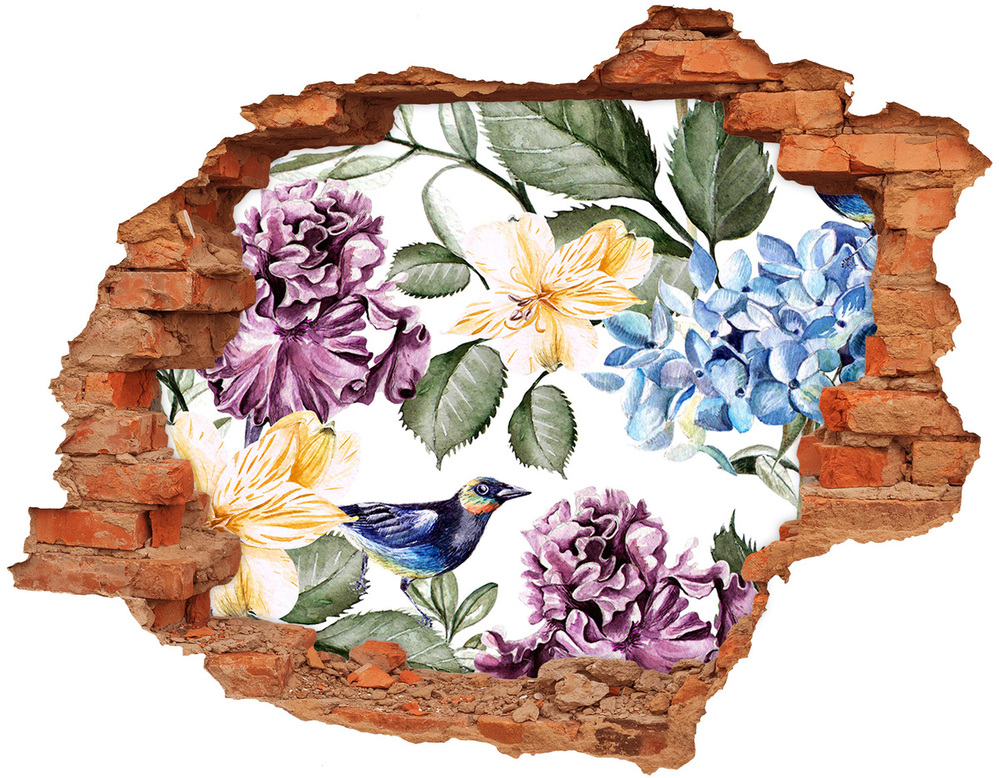 Naklejka 3D dziura na ścianę Kwiaty i ptaki