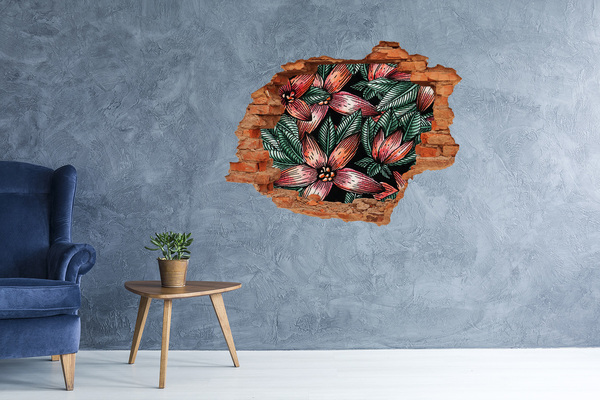 Naklejka 3D dziura na ścianę Kwiatowy wzór na tle zniszczonej ściany