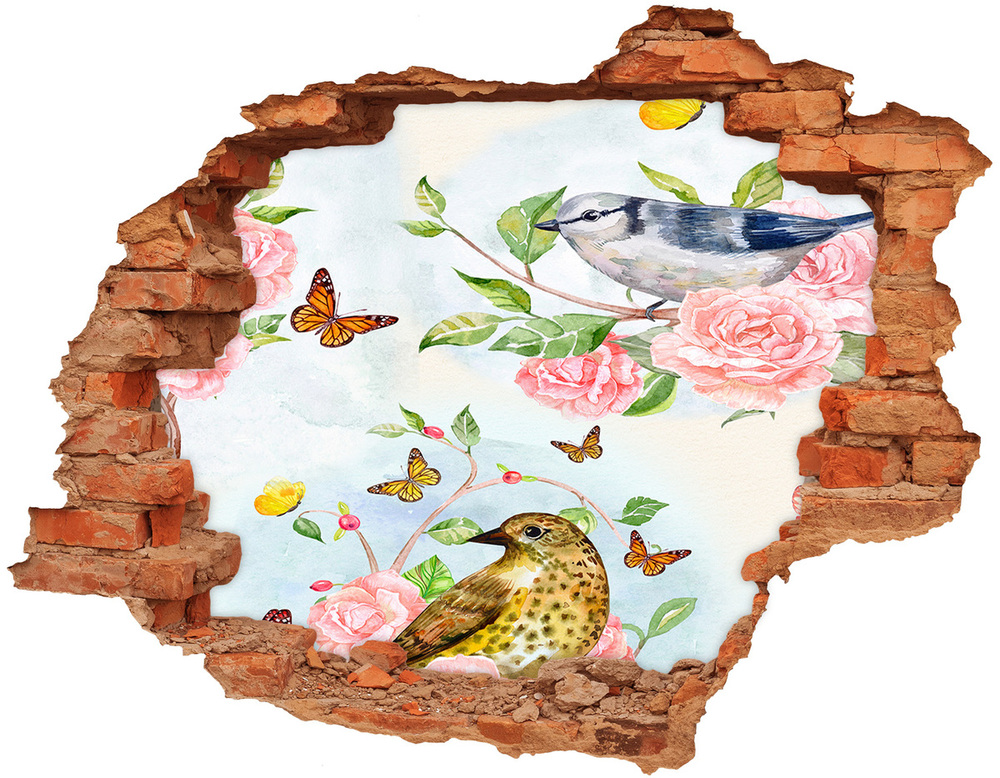Dziura 3d fototapeta naklejka Ptaki i róże
