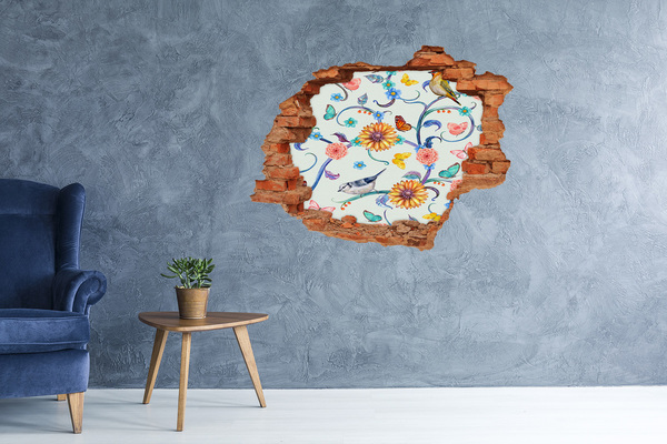 Dziura 3d fototapeta naklejka Kwiaty i ptaki