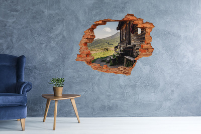 Dziura 3d w ścianie naklejka Drewniany dom góry