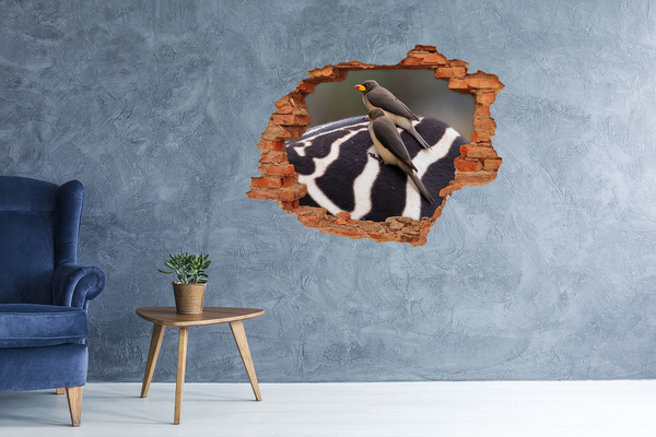 Dziura 3d fototapeta naklejka Ptaki na grzbiecie zebry