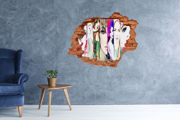 Dziura 3d fototapeta naklejka Kobiece portrety w dziurze w ścianie