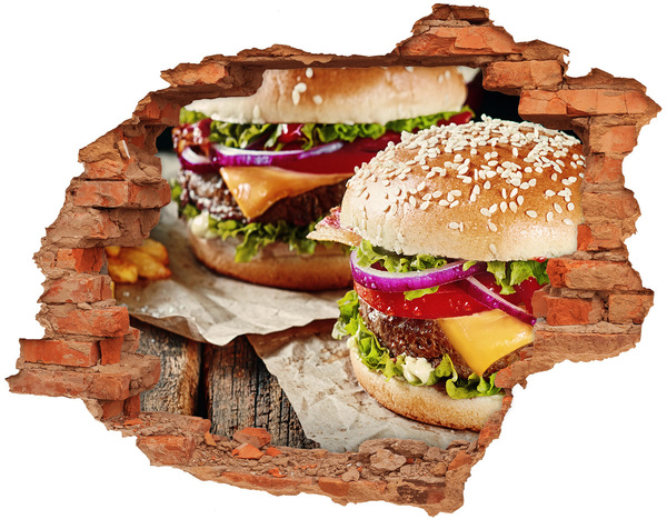Naklejka 3D dziura okleina beton Soczysty burger w dziurze w ścianie
