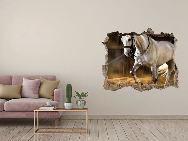 Dziura 3d fototapeta na ścianę Biały koń w stajni