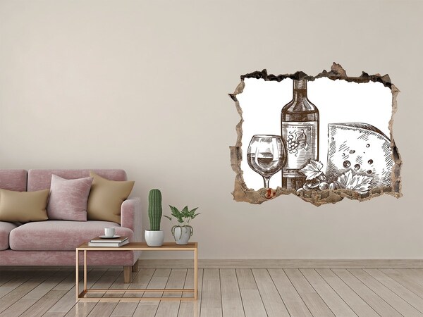 Naklejka 3D dziura samoprzylepna Wino i ser na tle zniszczonej ściany