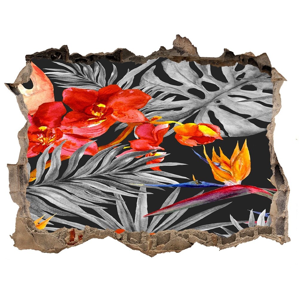 Dziura 3d fototapeta naklejka Flamingi i kwiaty
