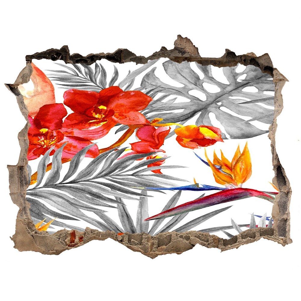 Dziura 3d fototapeta naklejka Flamingi i kwiaty