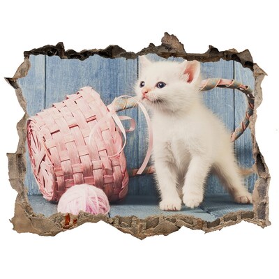 Dziura 3d fototapeta ścienna Biały kot i motki