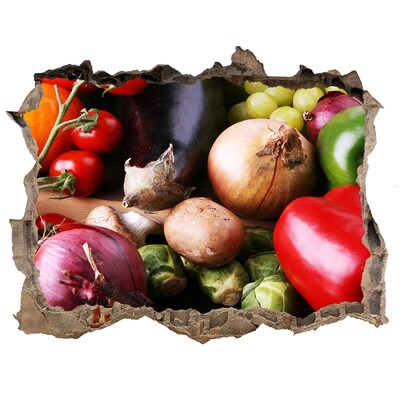 Naklejka 3D dziura okleina Owoce i warzywa w dziurze w ścianie