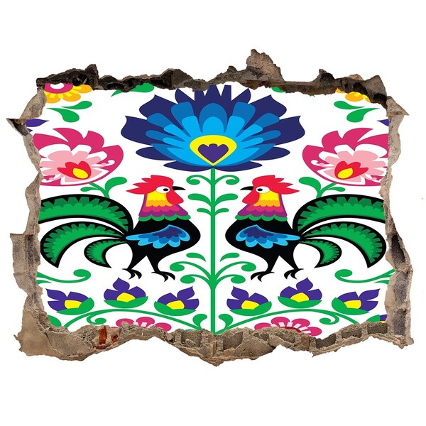 Naklejka 3D dziura na ścianę Kwiecisty folklor z kurkami