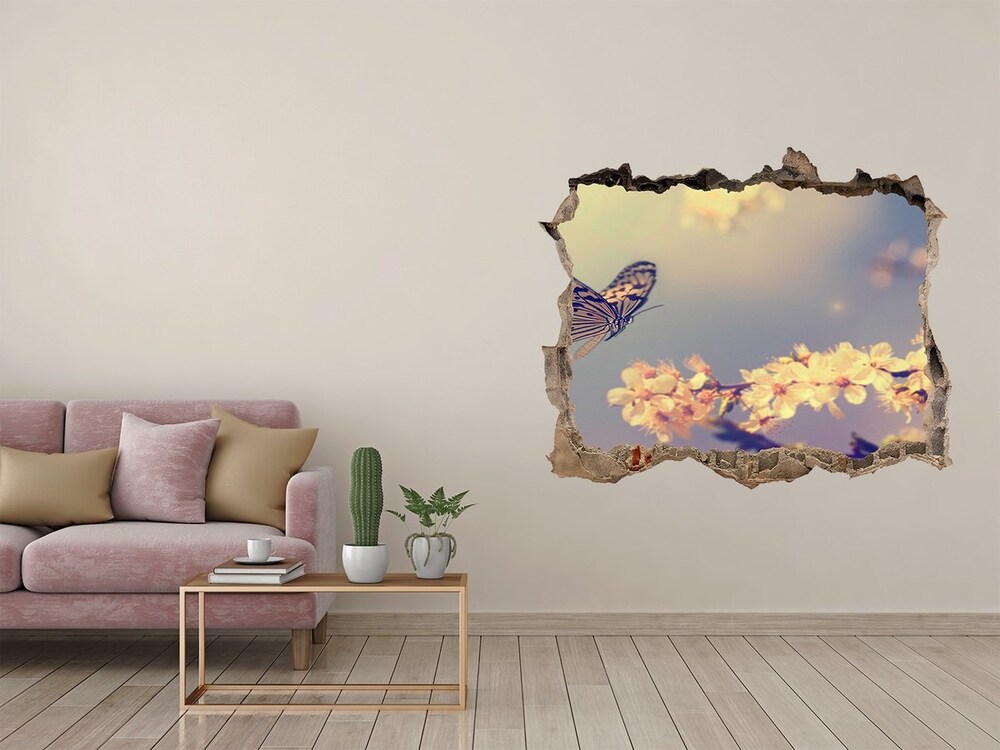 Fototapeta dziura na ścianę Kwiat wiśni i motyl
