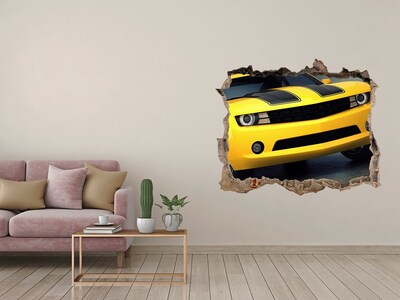 Dziura 3d fototapeta naklejka Zniszczony mur z żółtym samochodem