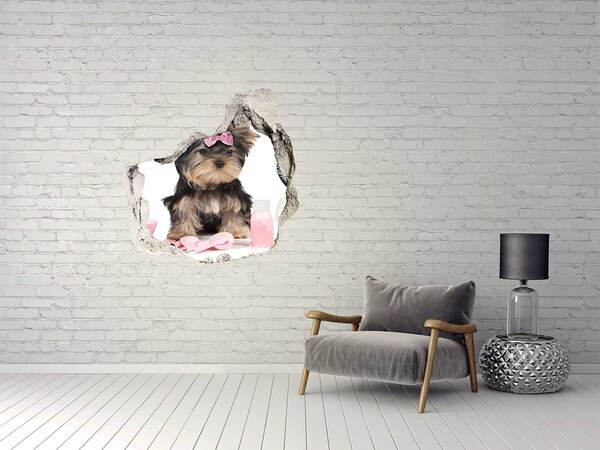 Dziura 3d fototapeta Słodki yorkshire terrier w różowej kokardce