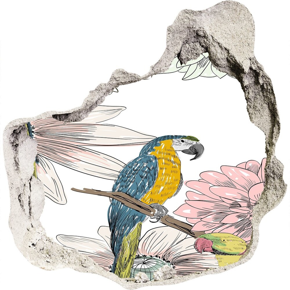 Dziura 3d fototapeta naklejka Papugi i kwiaty