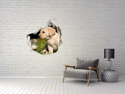 Dziura 3d fototapeta naklejka Pies i kot na łące